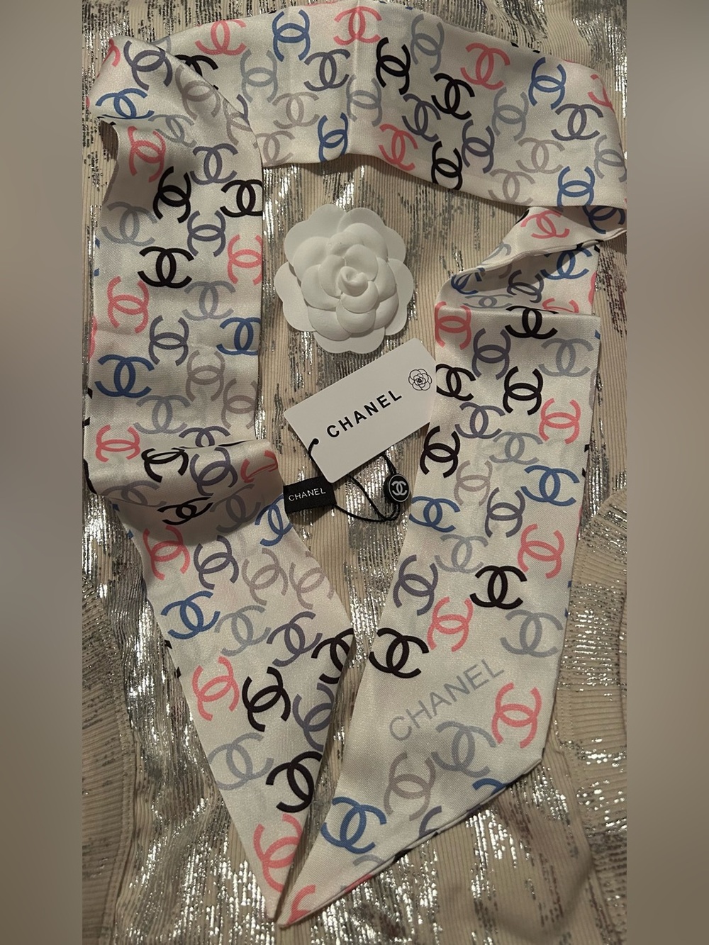 CHANEL White 100%Silk Twilly Scarf with Gorgeous Multicolor CC Logo Print